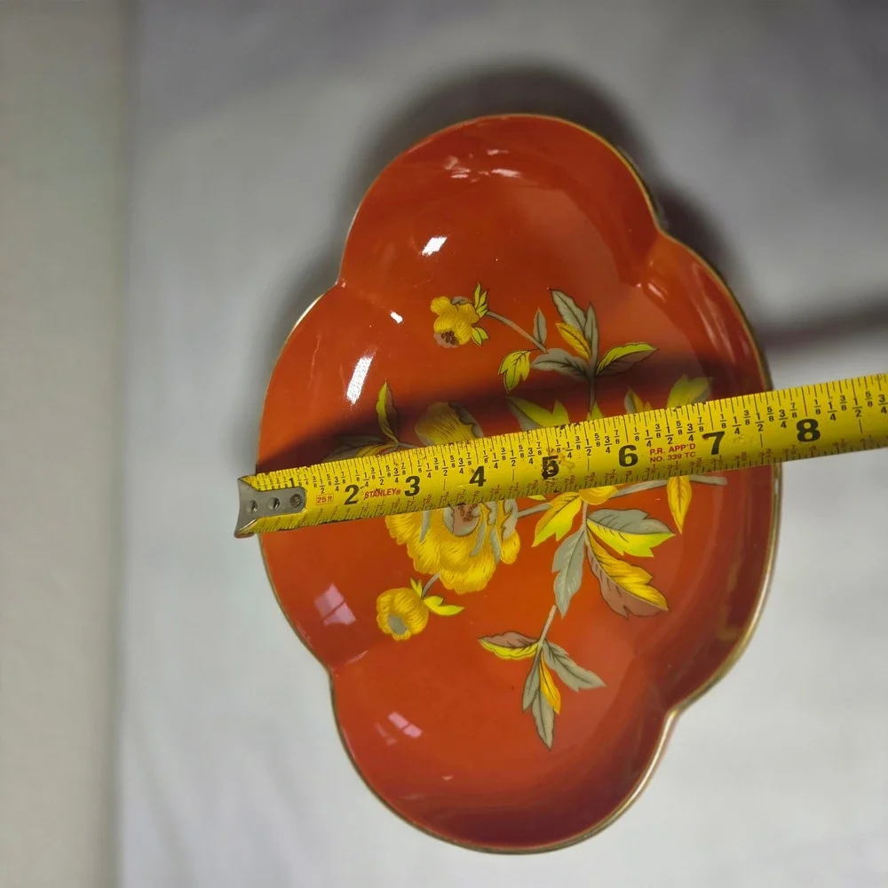 Vintage Burnt Orange Porcelain Lobed Peony Bowl Gold Rim 9863 Floral 9.5in